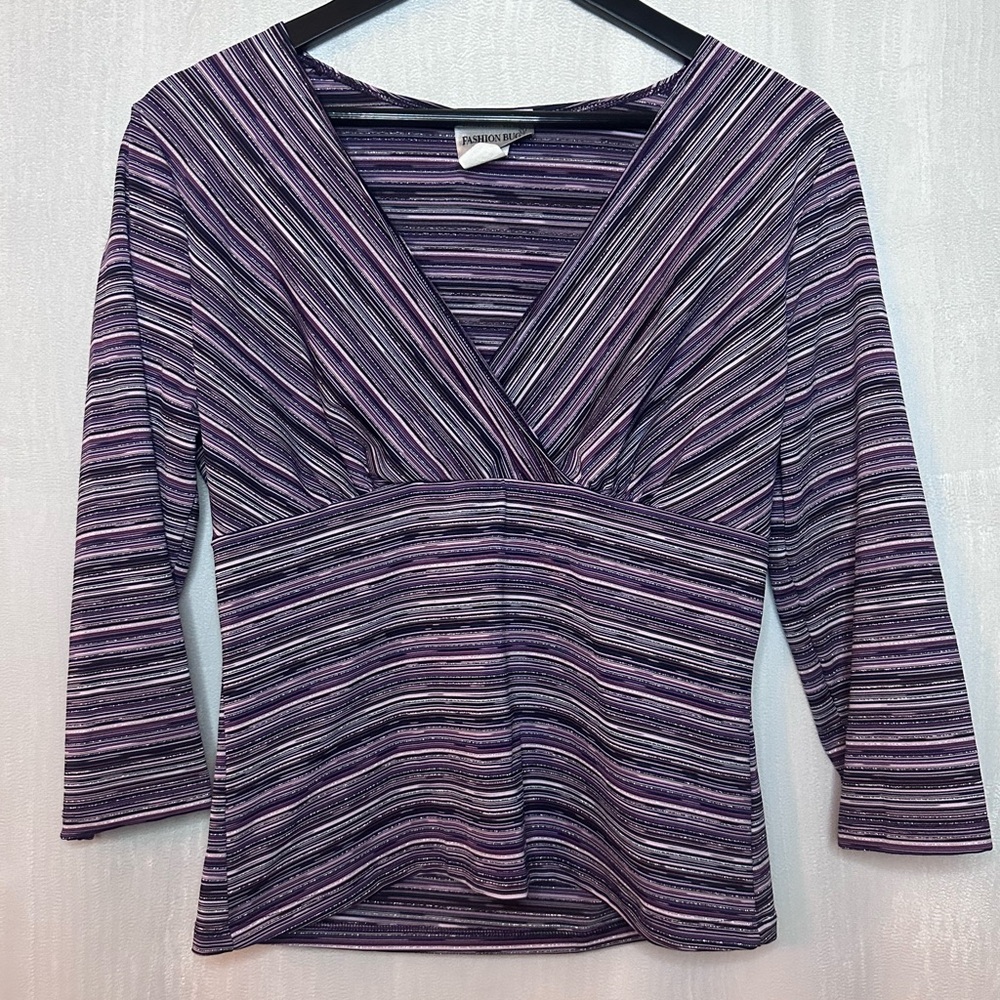 Fashion Bug womens medium top black purple silver 3/4 sleeve v neck y2k